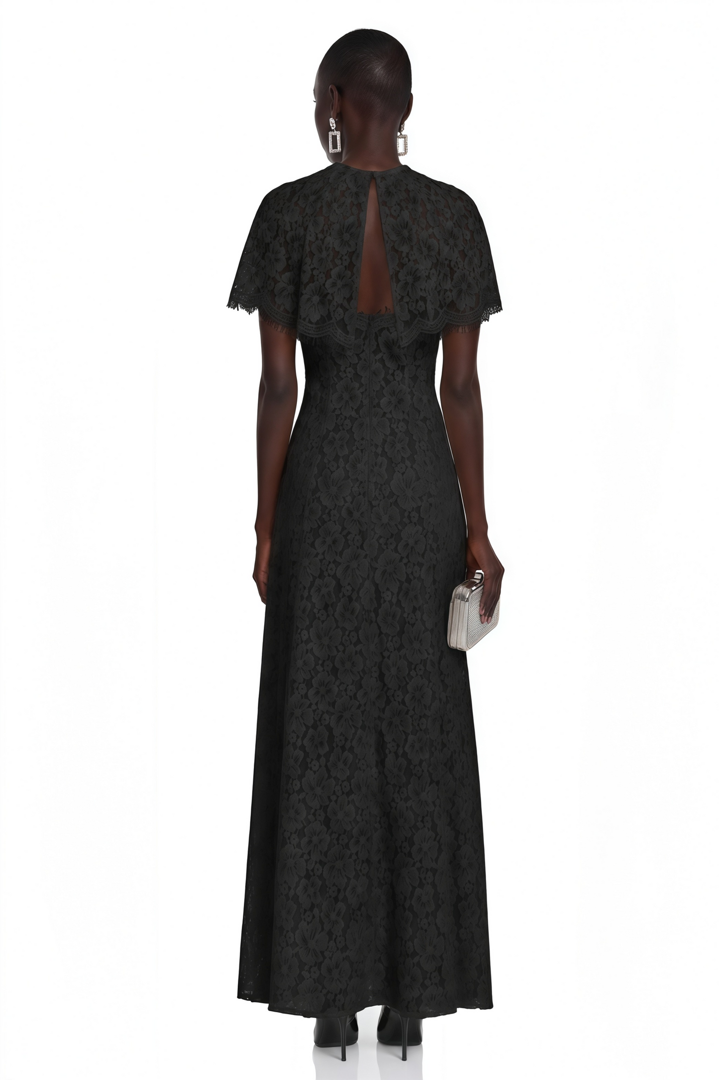 Hikawera Black Lace Maxi Dress with Cape