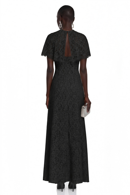 Hikawera Black Lace Maxi Dress with Cape