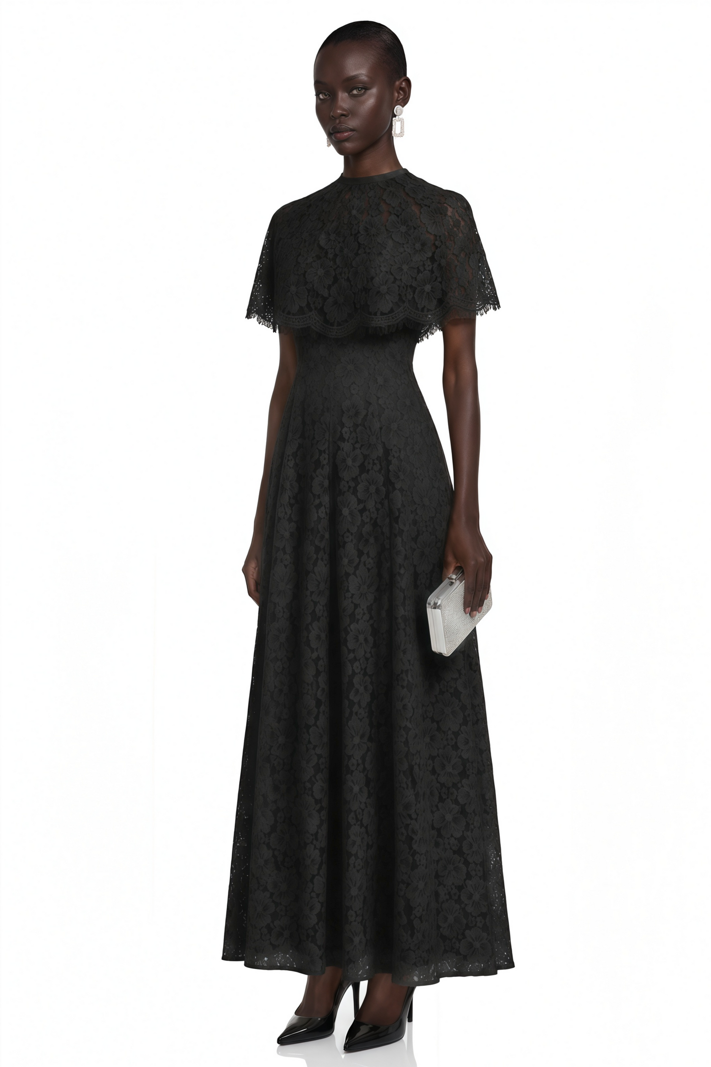 Hikawera Black Lace Maxi Dress with Cape
