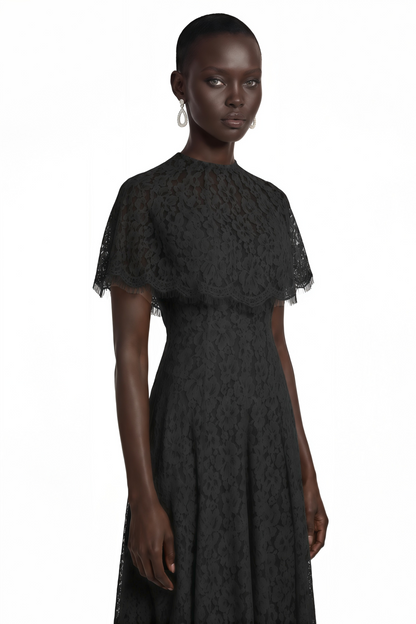 Hikawera Black Lace Maxi Dress with Cape