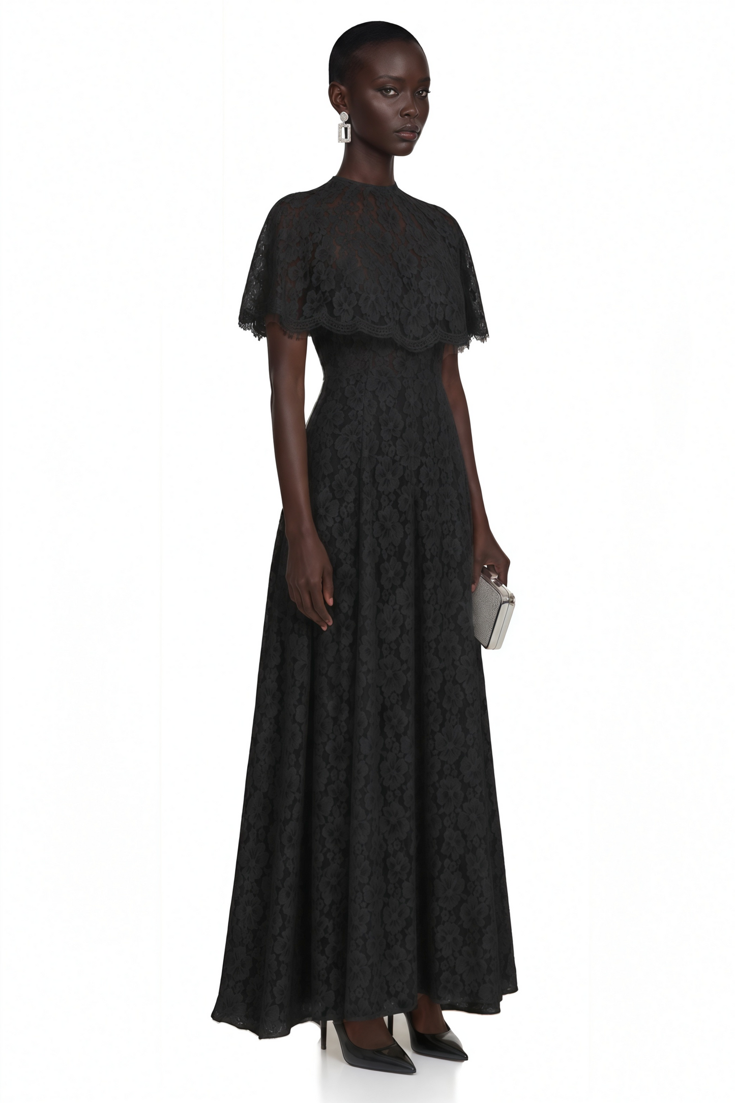 Hikawera Black Lace Maxi Dress with Cape