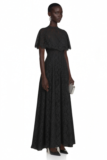 Hikawera Black Lace Maxi Dress with Cape