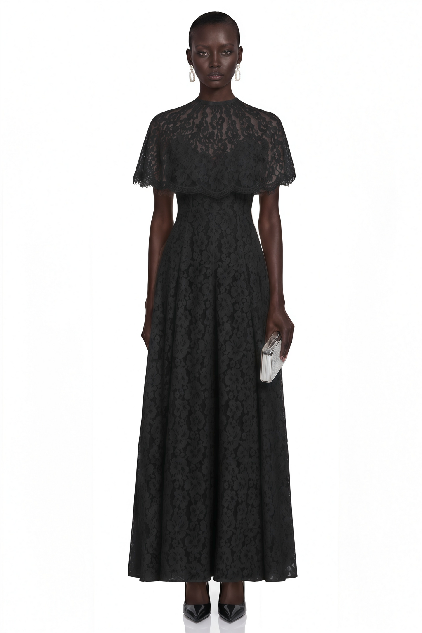 Hikawera Black Lace Maxi Dress with Cape