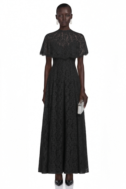 Hikawera Black Lace Maxi Dress with Cape