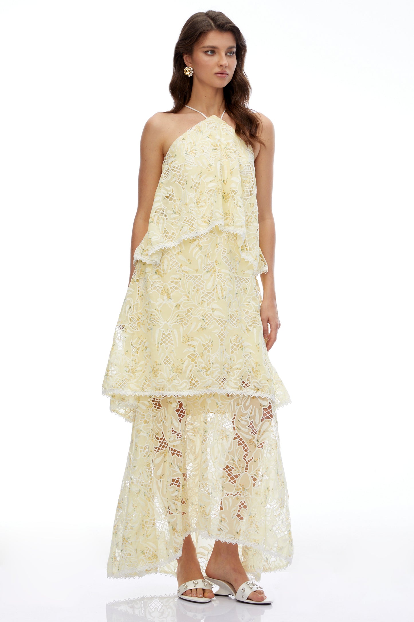 Hine Cream Halterneck Lace Maxi Dress
