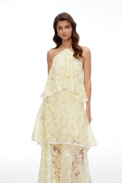 Hine Cream Halterneck Lace Maxi Dress