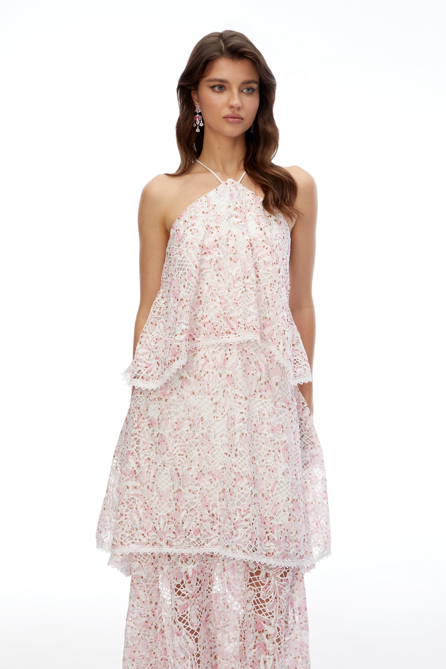 Hine Pink Halterneck Lace Maxi Dress