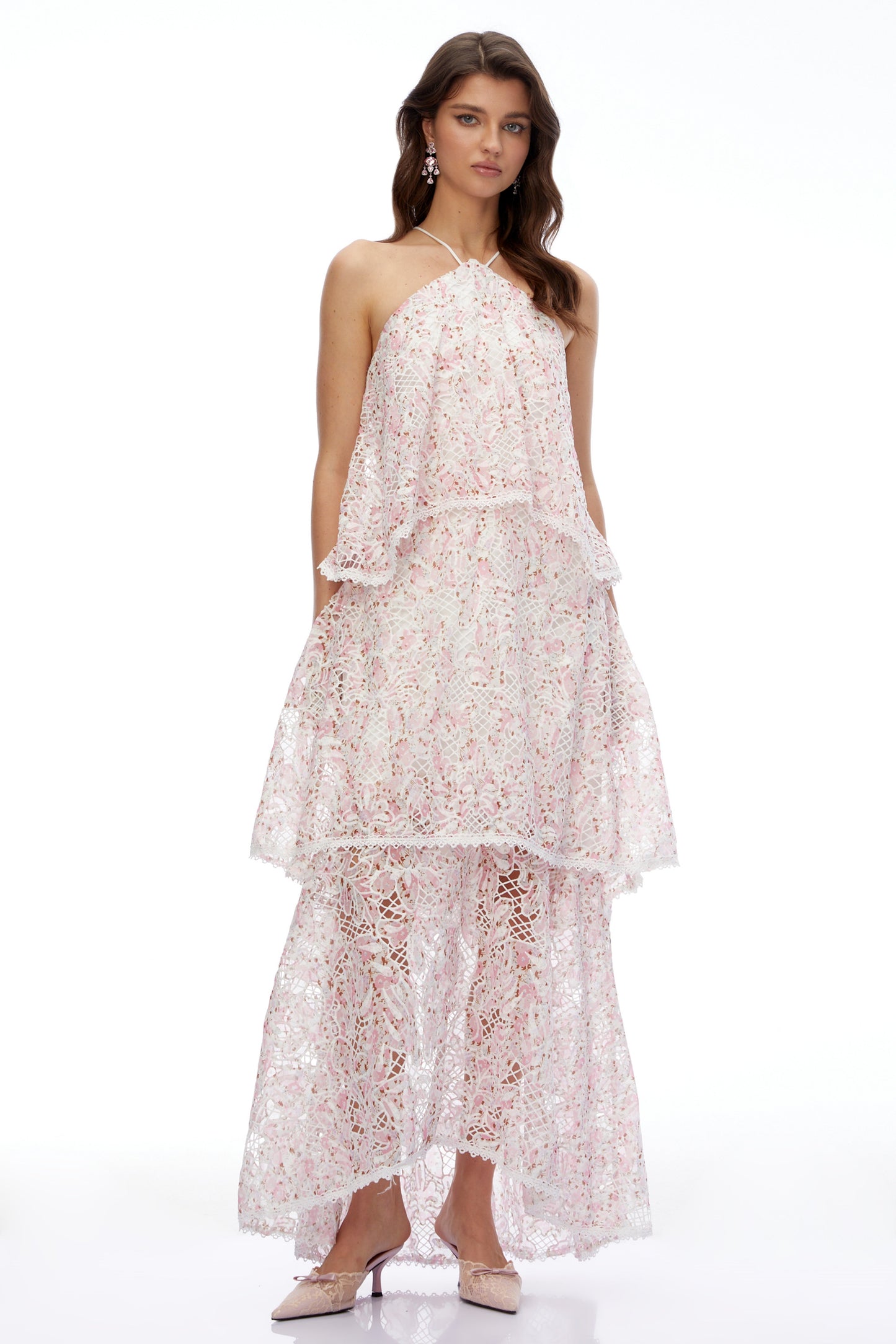 Hine Pink Halterneck Lace Maxi Dress