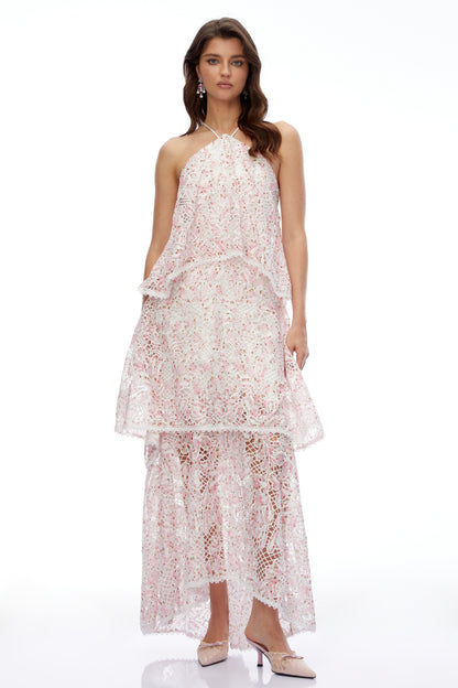Hine Pink Halterneck Lace Maxi Dress