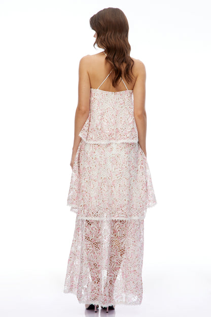 Hine Pink Halterneck Lace Maxi Dress