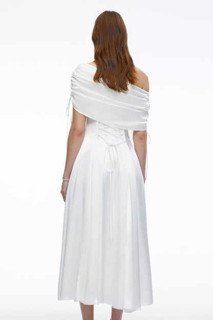 Hinerau White One Shoulder Ruched Satin Midi Dress