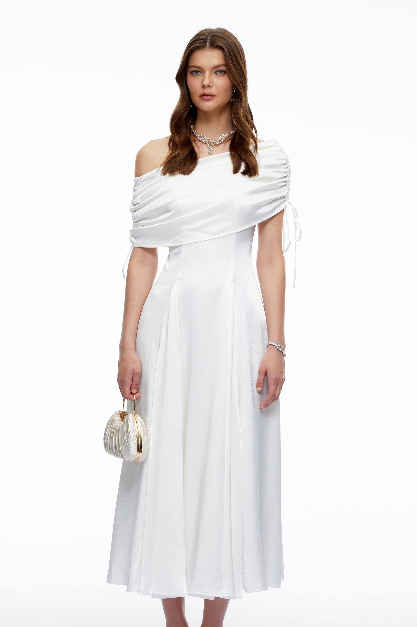 Hinerau White One Shoulder Ruched Satin Midi Dress