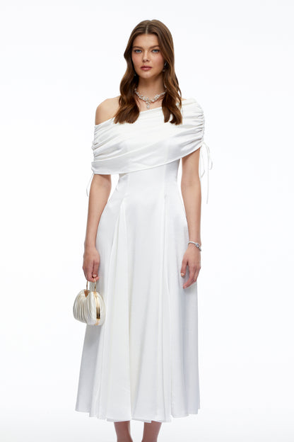 Hinerau White One Shoulder Ruched Satin Midi Dress