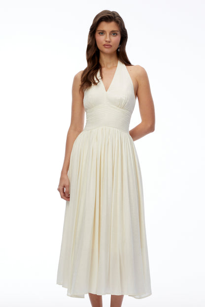 Hinewai Cream Halterneck Ruched Midi Dress