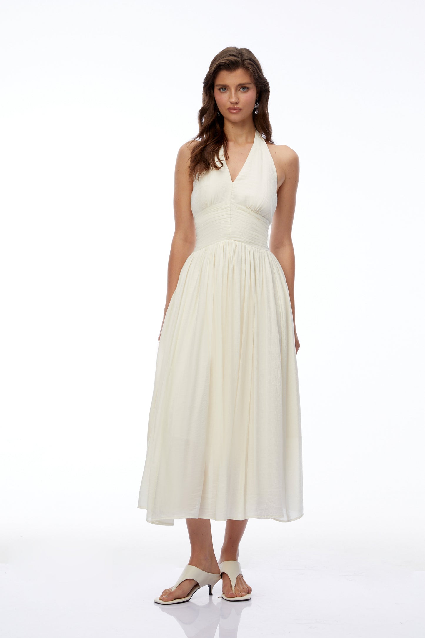 Hinewai Cream Halterneck Ruched Midi Dress