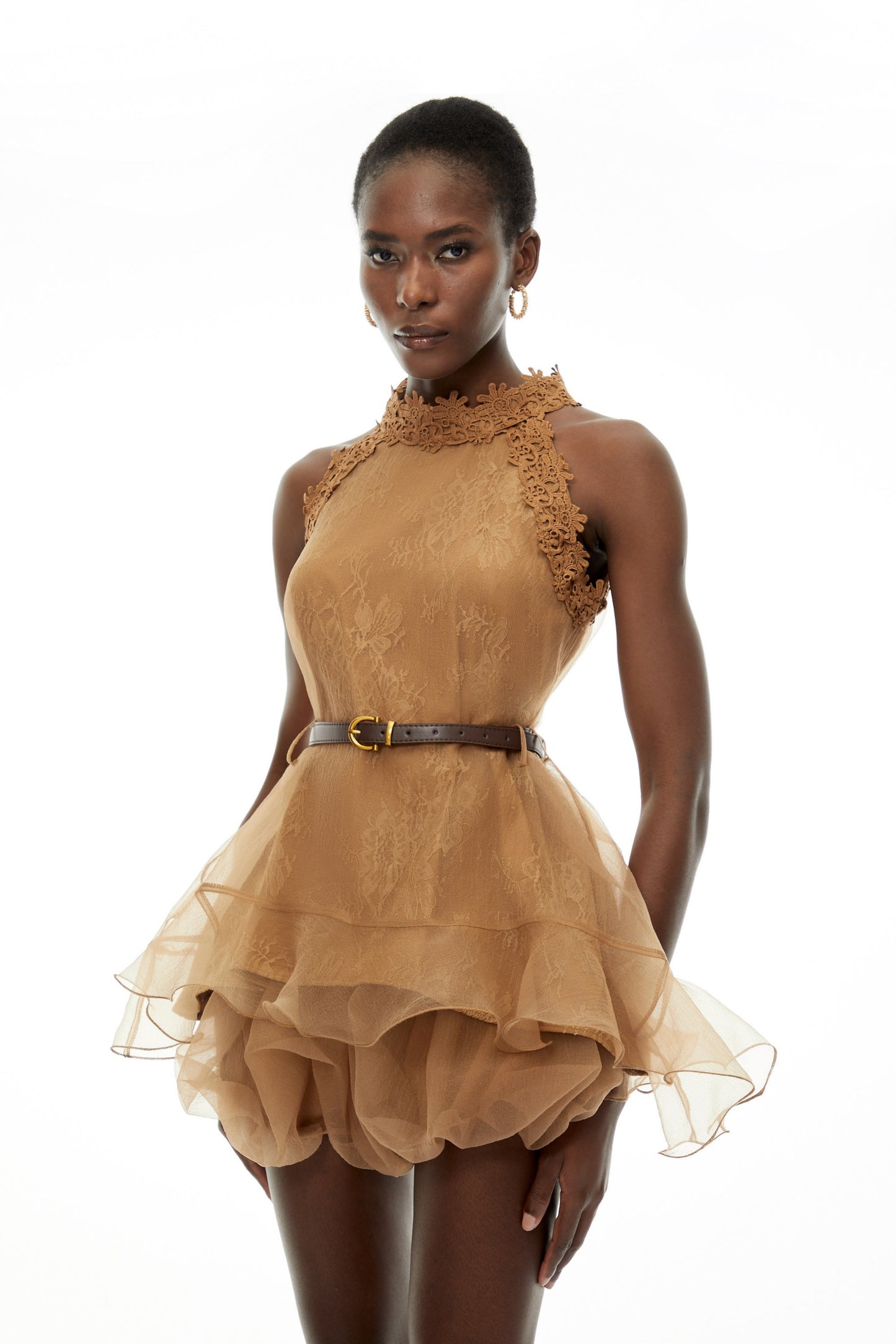 Holly Chocolate Brown Halterneck Mesh Mini Dress