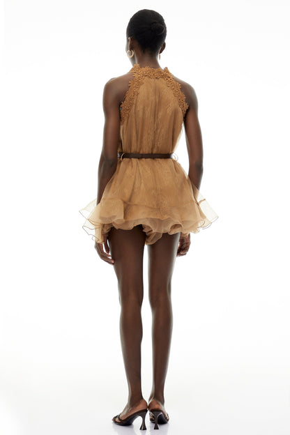 Holly Chocolate Brown Halterneck Mesh Mini Dress