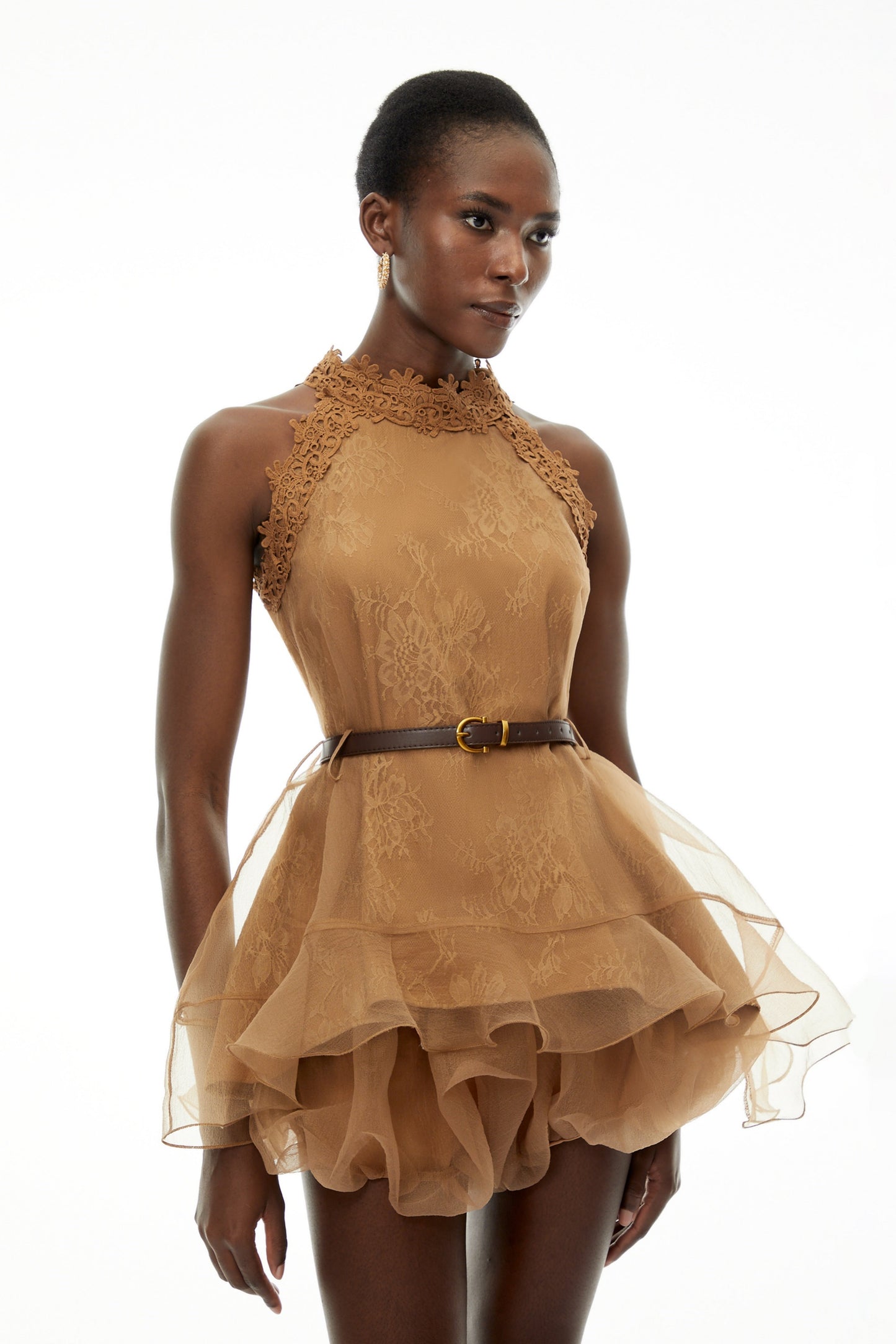Holly Chocolate Brown Halterneck Mesh Mini Dress