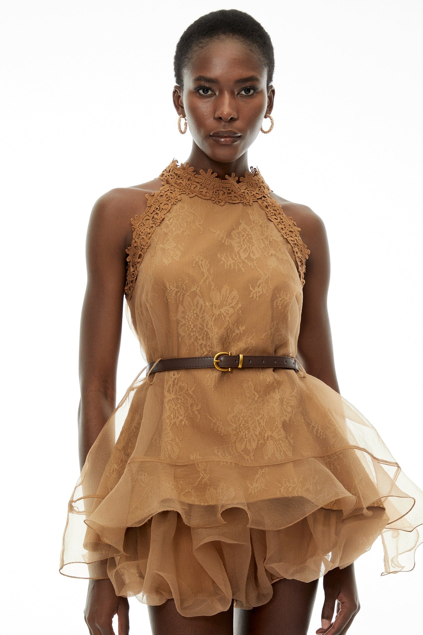Holly Chocolate Brown Halterneck Mesh Mini Dress