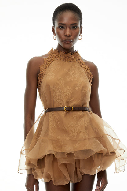Holly Chocolate Brown Halterneck Mesh Mini Dress