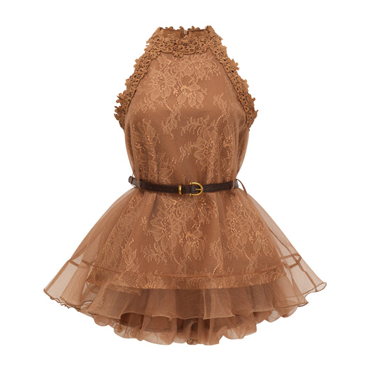 Holly Chocolate Brown Halterneck Mesh Mini Dress