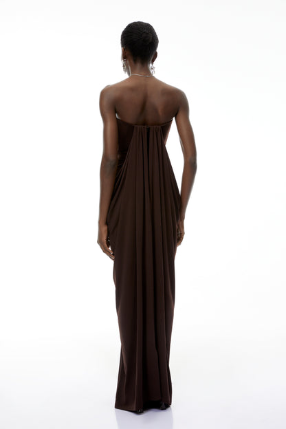 Honoria Chocolate Brown Off Shoulder Maxi Dress