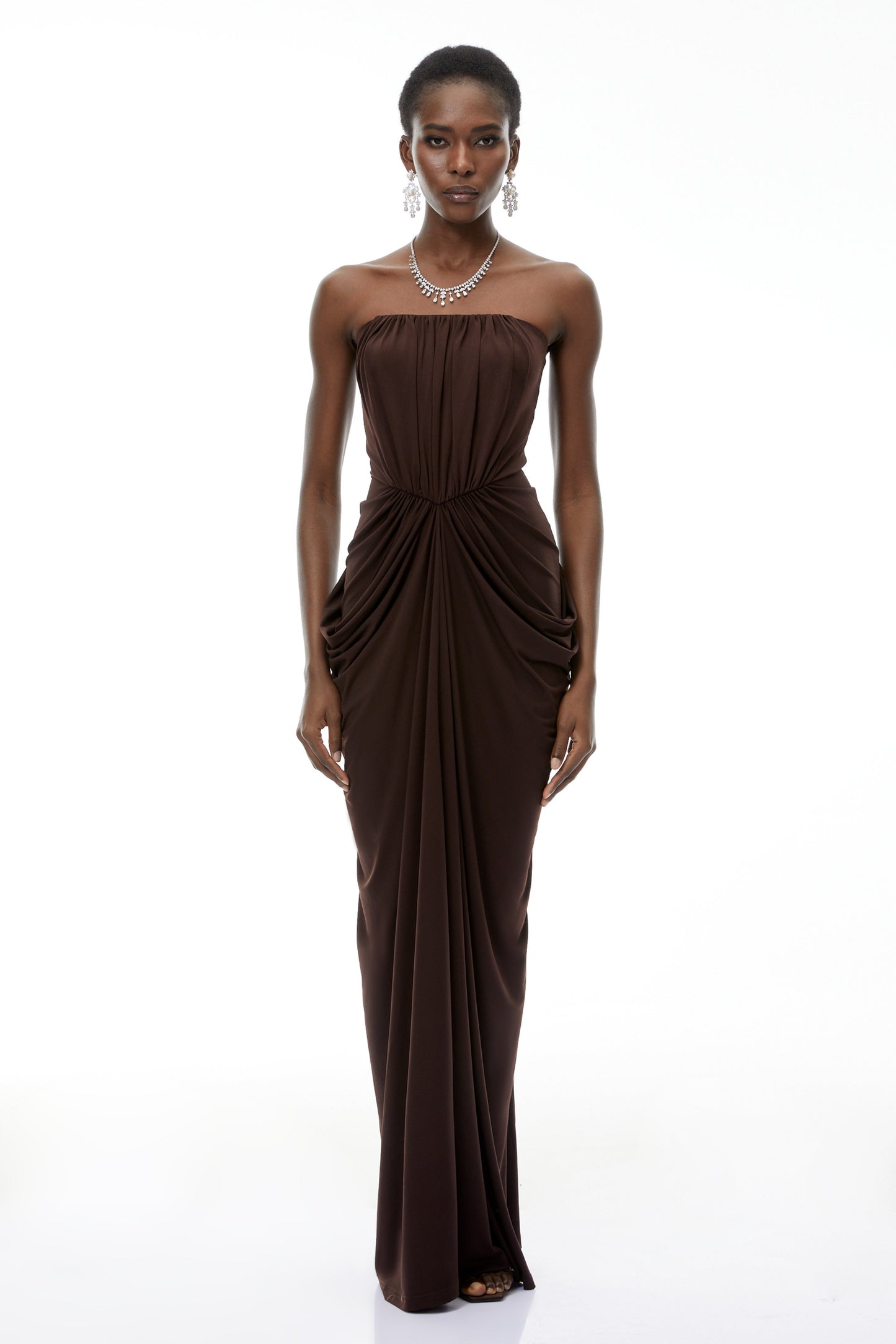 Honoria Chocolate Brown Off Shoulder Maxi Dress