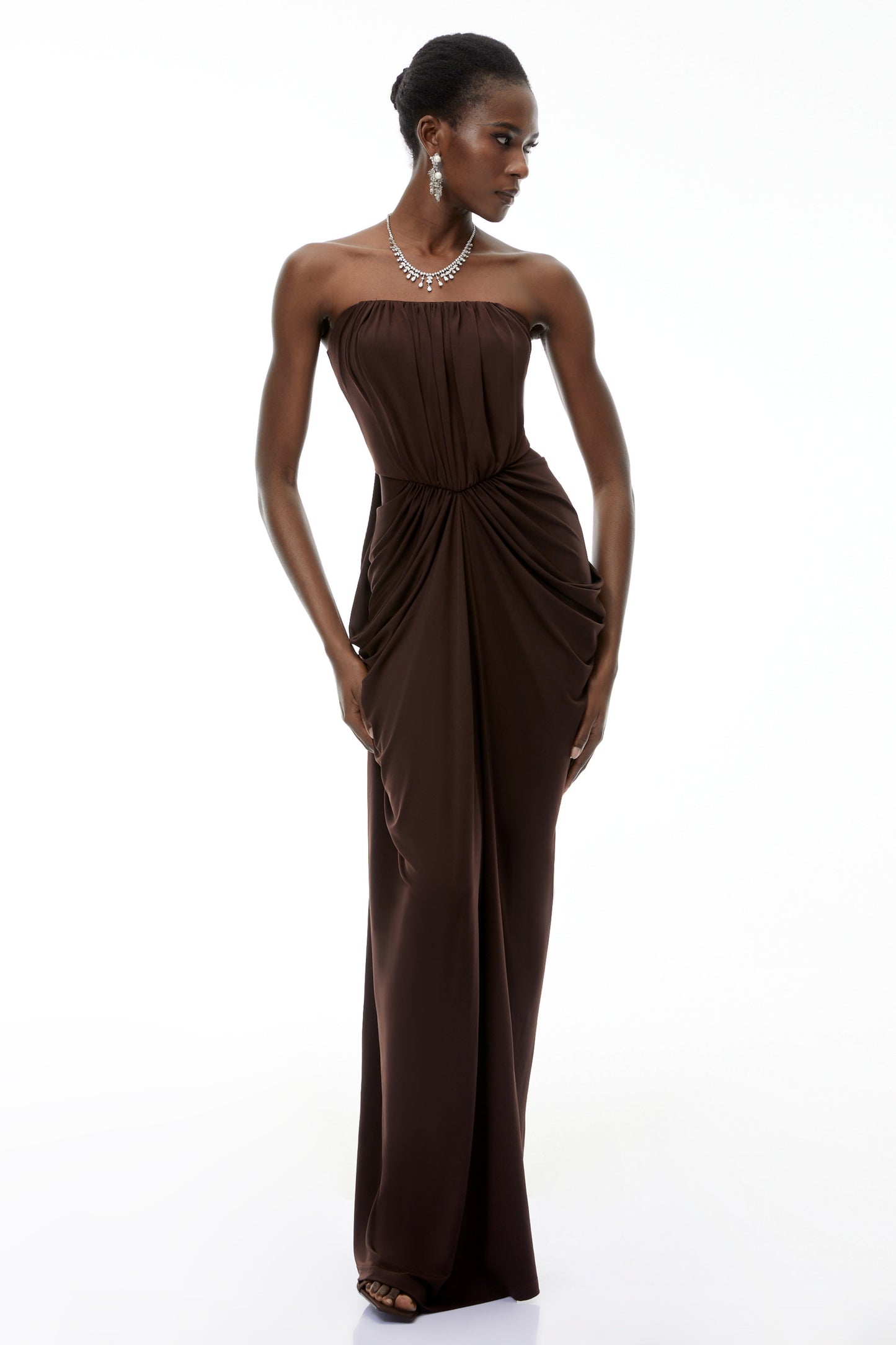 Honoria Chocolate Brown Off Shoulder Maxi Dress