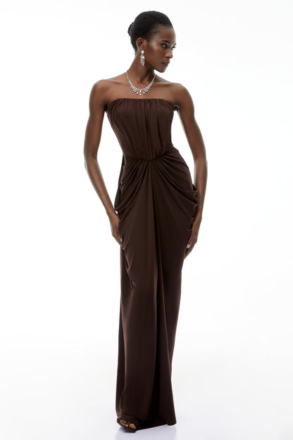 Honoria Chocolate Brown Off Shoulder Maxi Dress