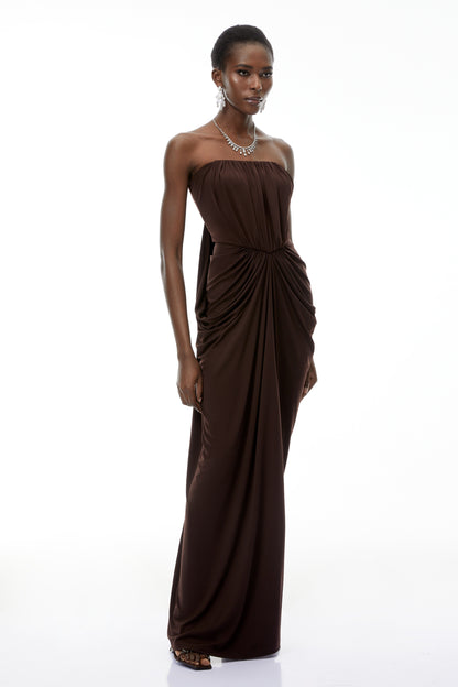Honoria Chocolate Brown Off Shoulder Maxi Dress