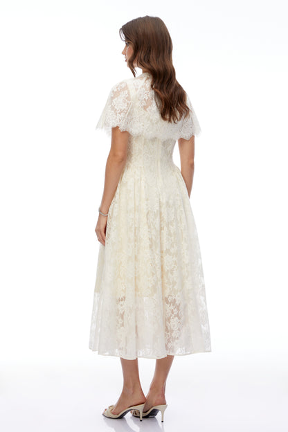 Huia Cream Lace Midi Dress with Cape