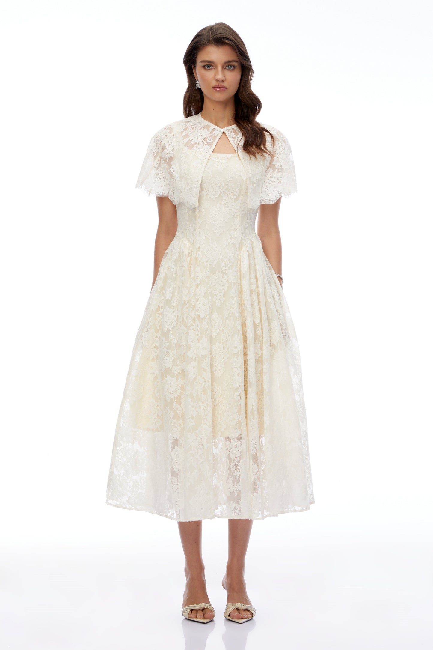 Huia Cream Lace Midi Dress with Cape