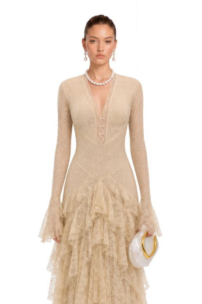 Humayma Beige Lace Tiered Midi Dress