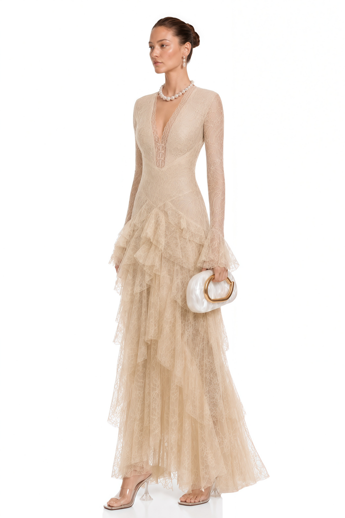 Humayma Beige Lace Tiered Midi Dress