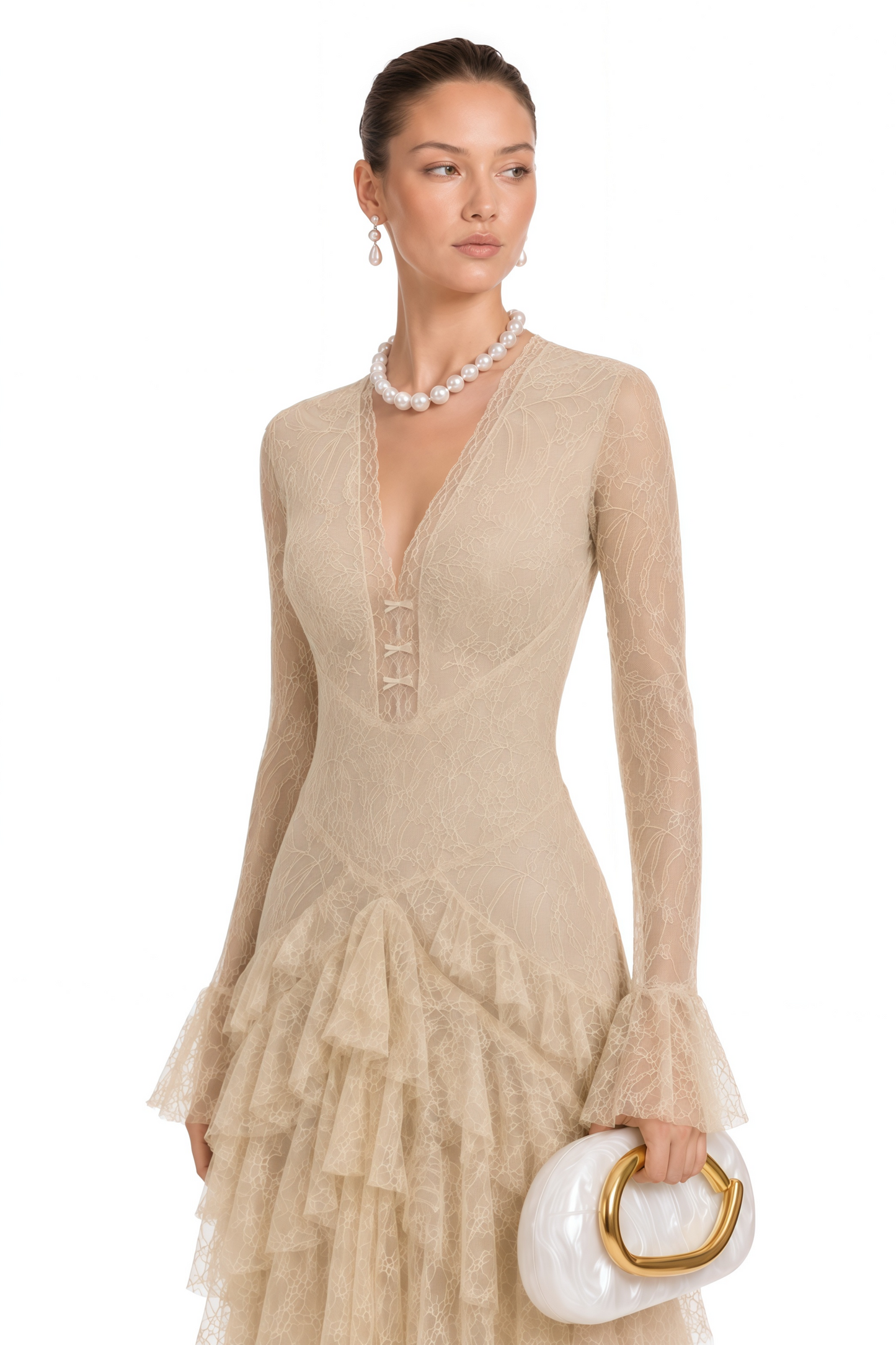 Humayma Beige Lace Tiered Midi Dress