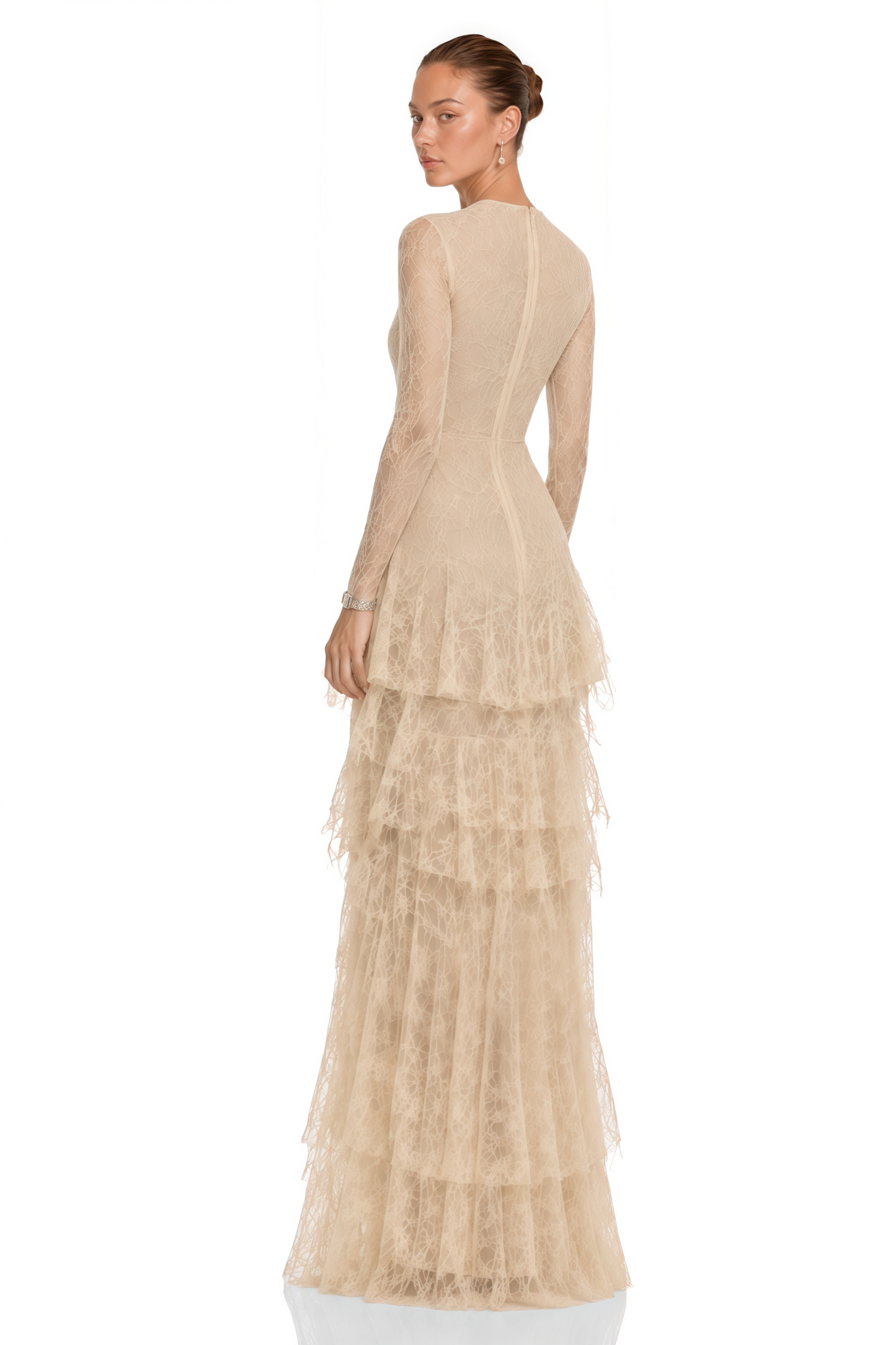 Humayma Beige Lace Tiered Midi Dress