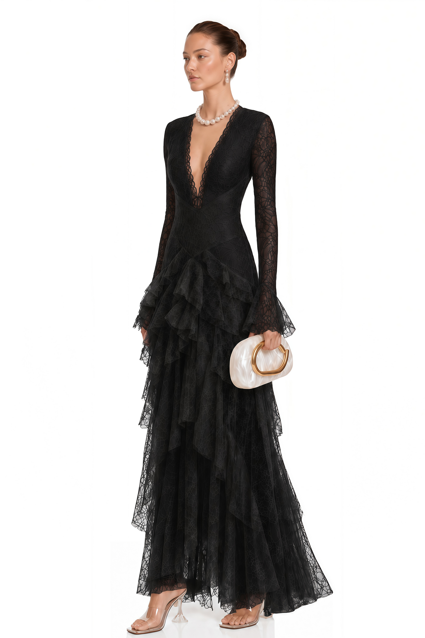 Humayma Black Lace Tiered Midi Dress