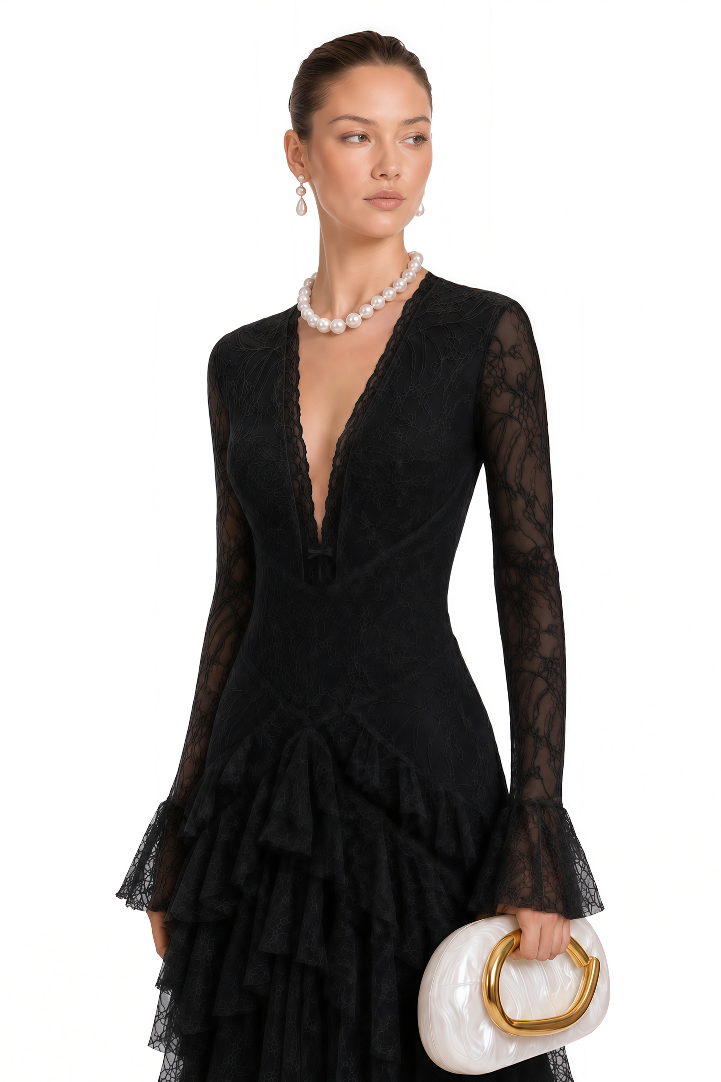 Humayma Black Lace Tiered Midi Dress