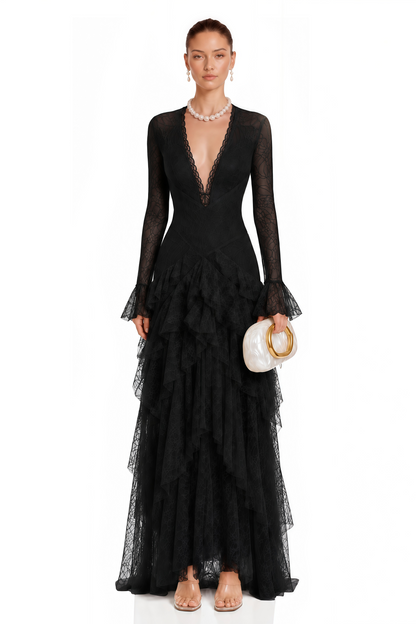 Humayma Black Lace Tiered Midi Dress