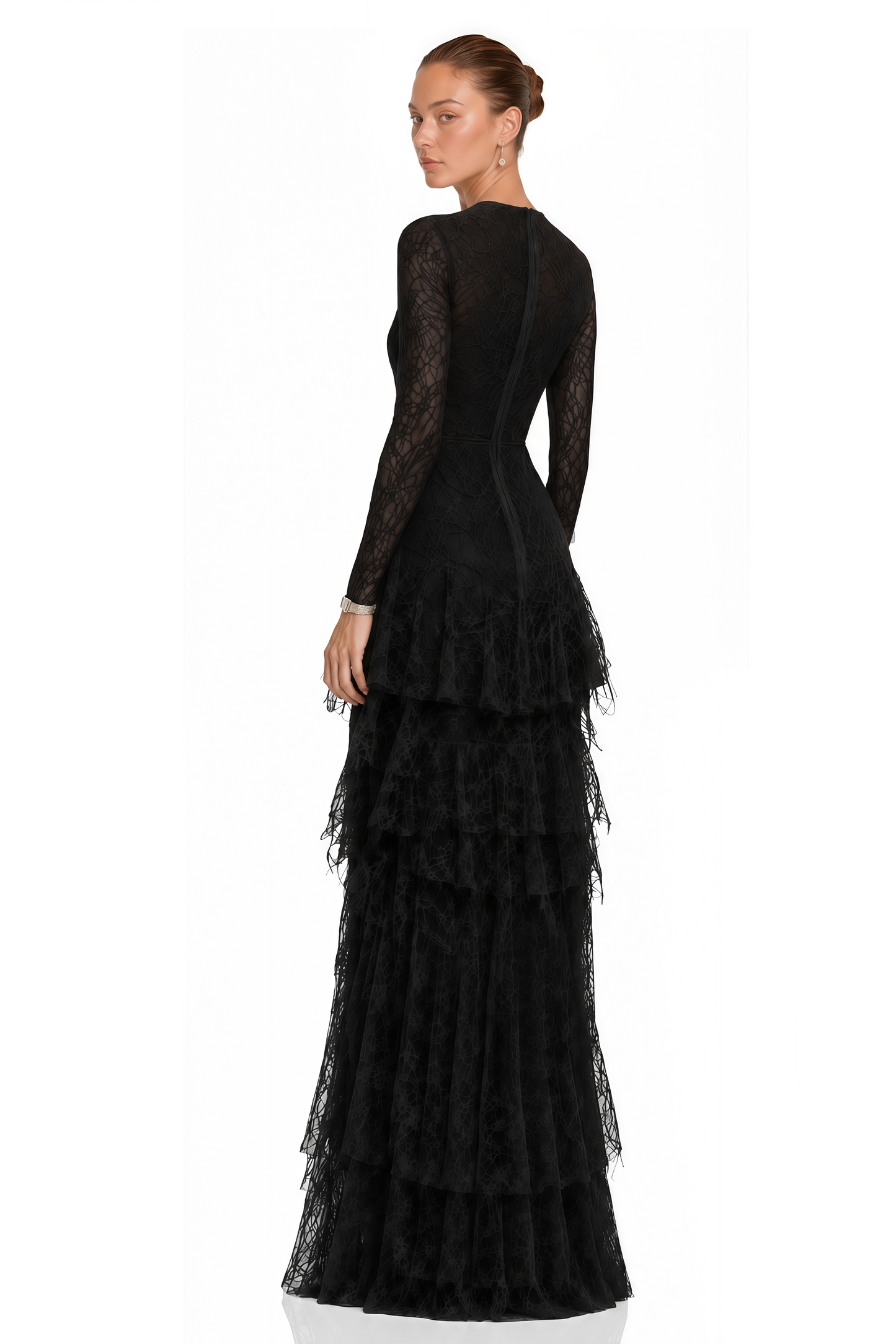Humayma Black Lace Tiered Midi Dress
