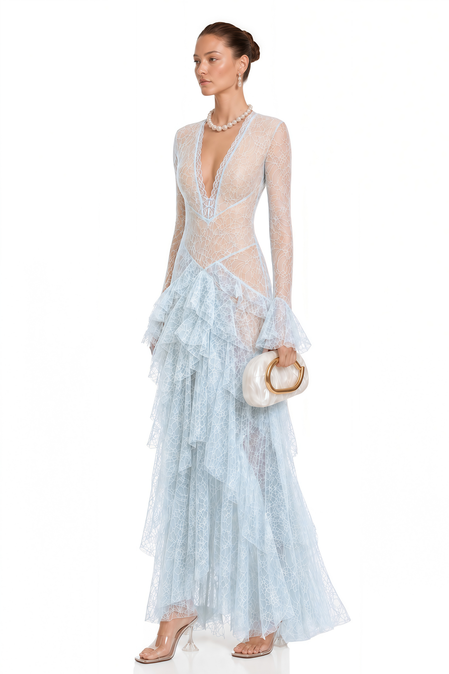 Humayma Blue Lace Tiered Midi Dress