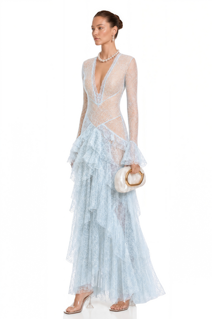 Humayma Blue Lace Tiered Midi Dress