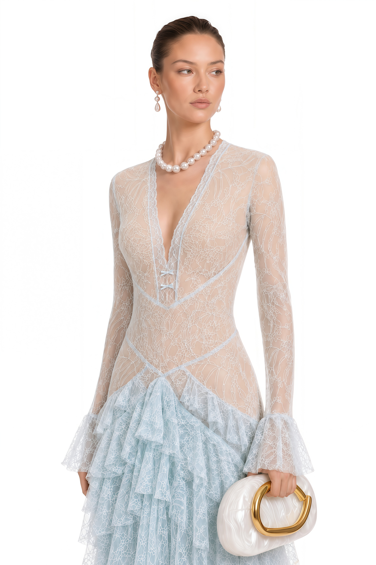 Humayma Blue Lace Tiered Midi Dress