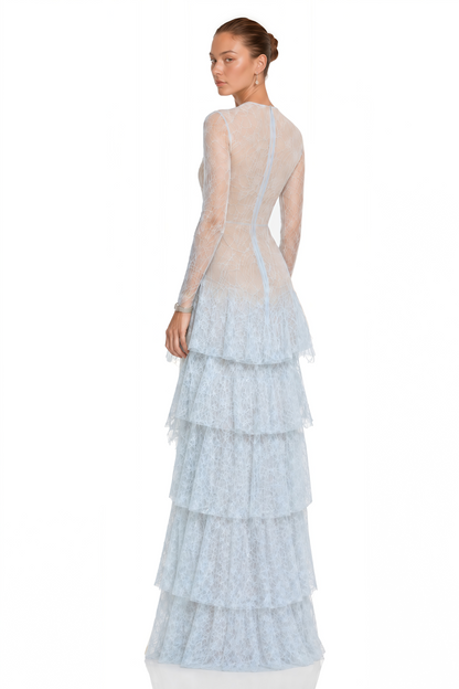 Humayma Blue Lace Tiered Midi Dress