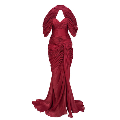 Hazel Burgundy Asymmetrical Draped Maxi Dress