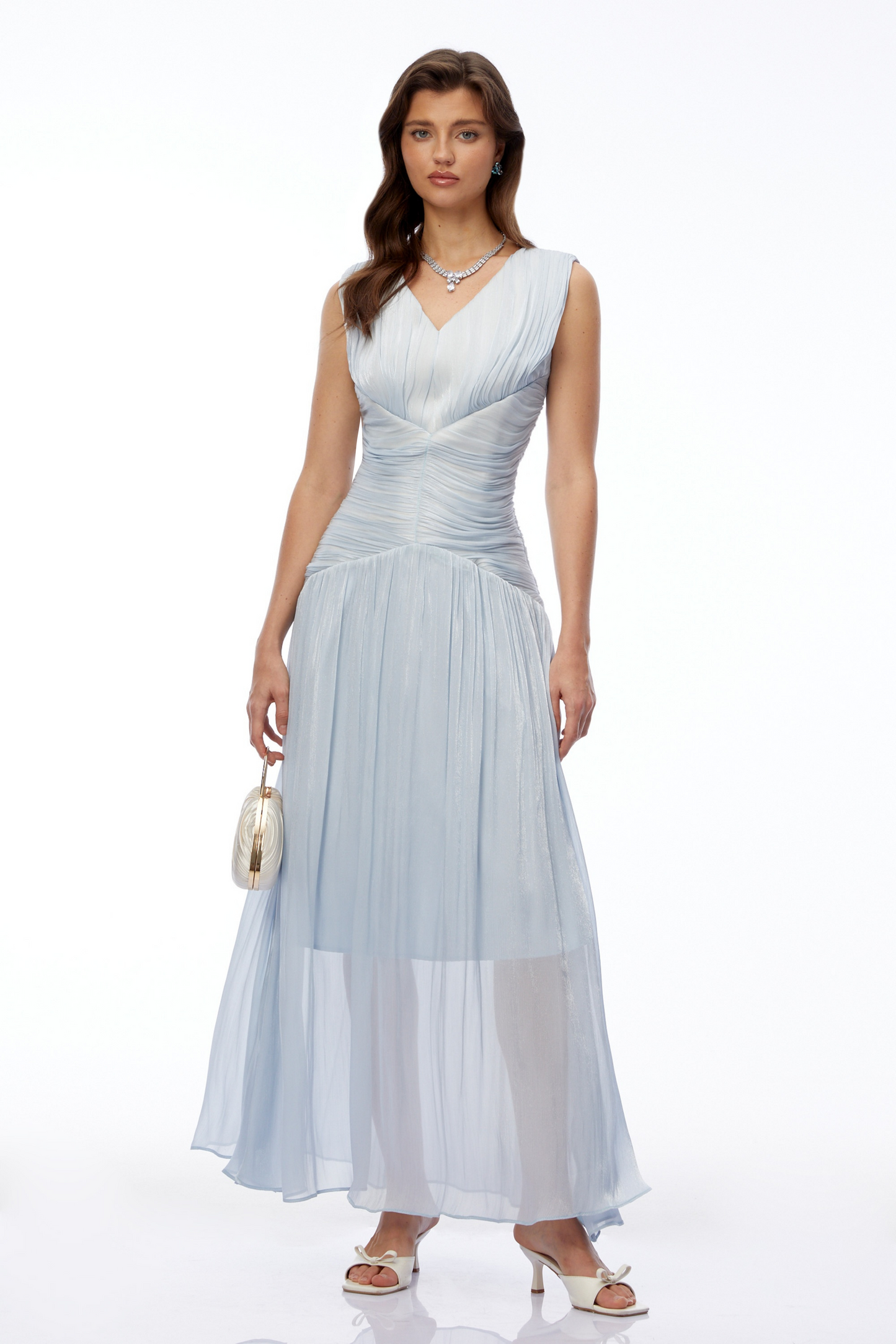 Ichika Light Blue V-Neck Ruched Maxi Dress
