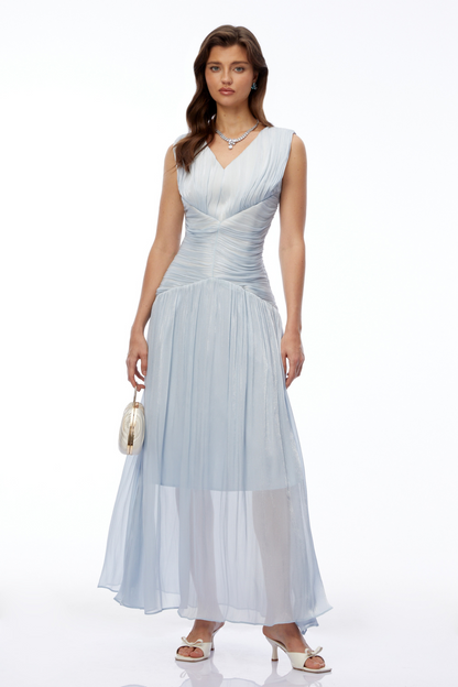 Ichika Light Blue V-Neck Ruched Maxi Dress
