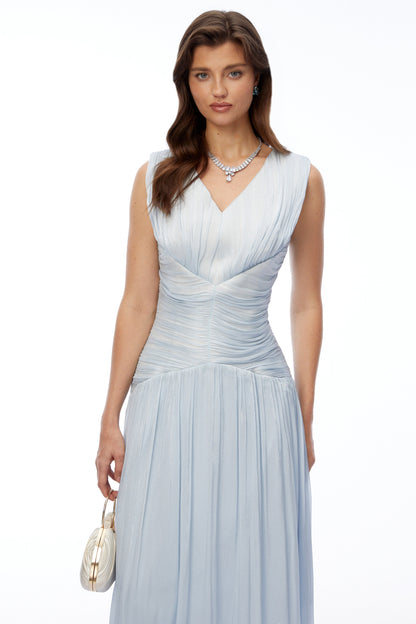 Ichika Light Blue V-Neck Ruched Maxi Dress
