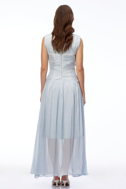 Ichika Light Blue V-Neck Ruched Maxi Dress
