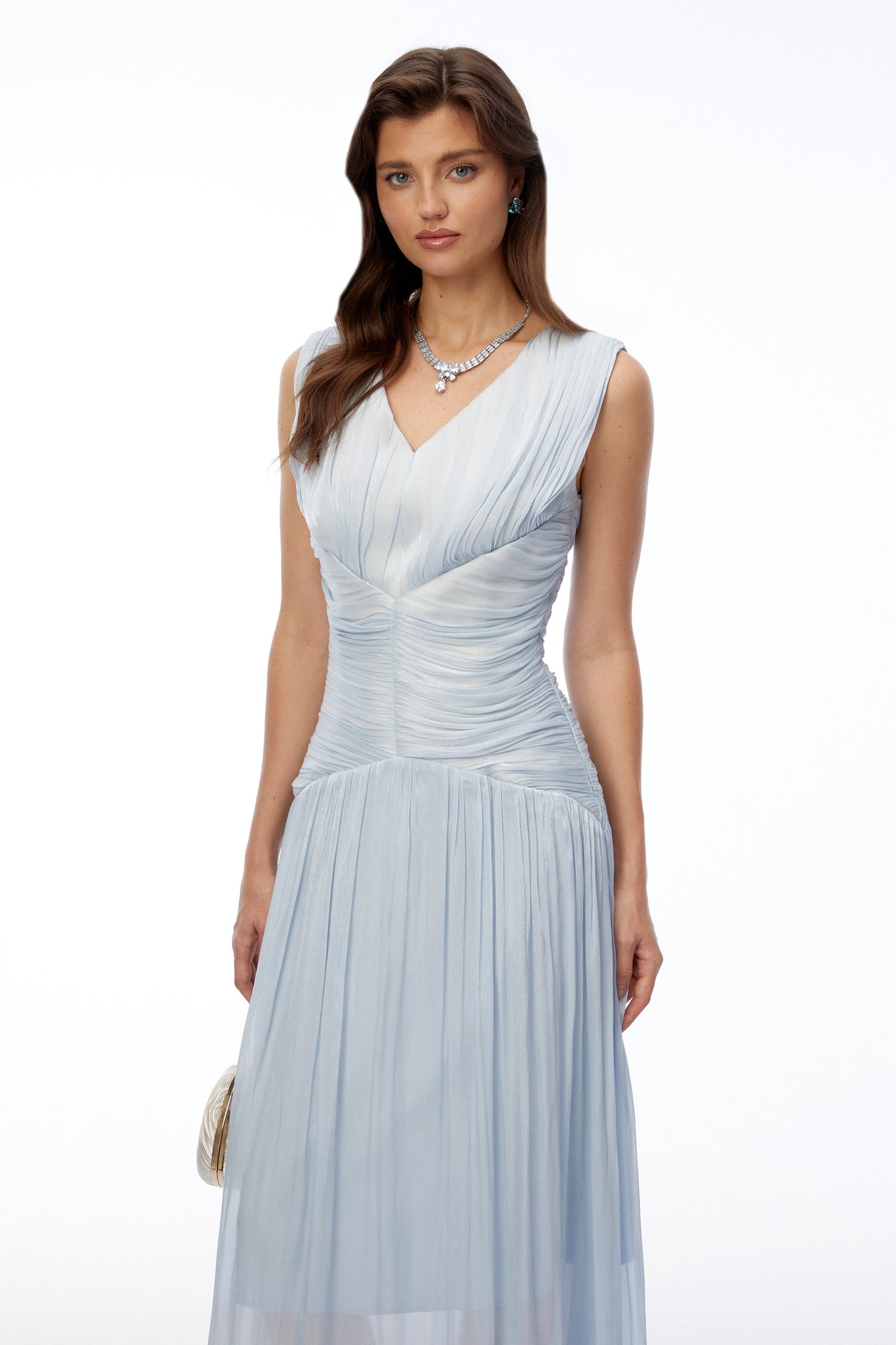 Ichika Light Blue V-Neck Ruched Maxi Dress